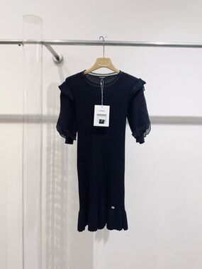 🚩steal Chanel Black Knit Puff-Sleeve Dress
